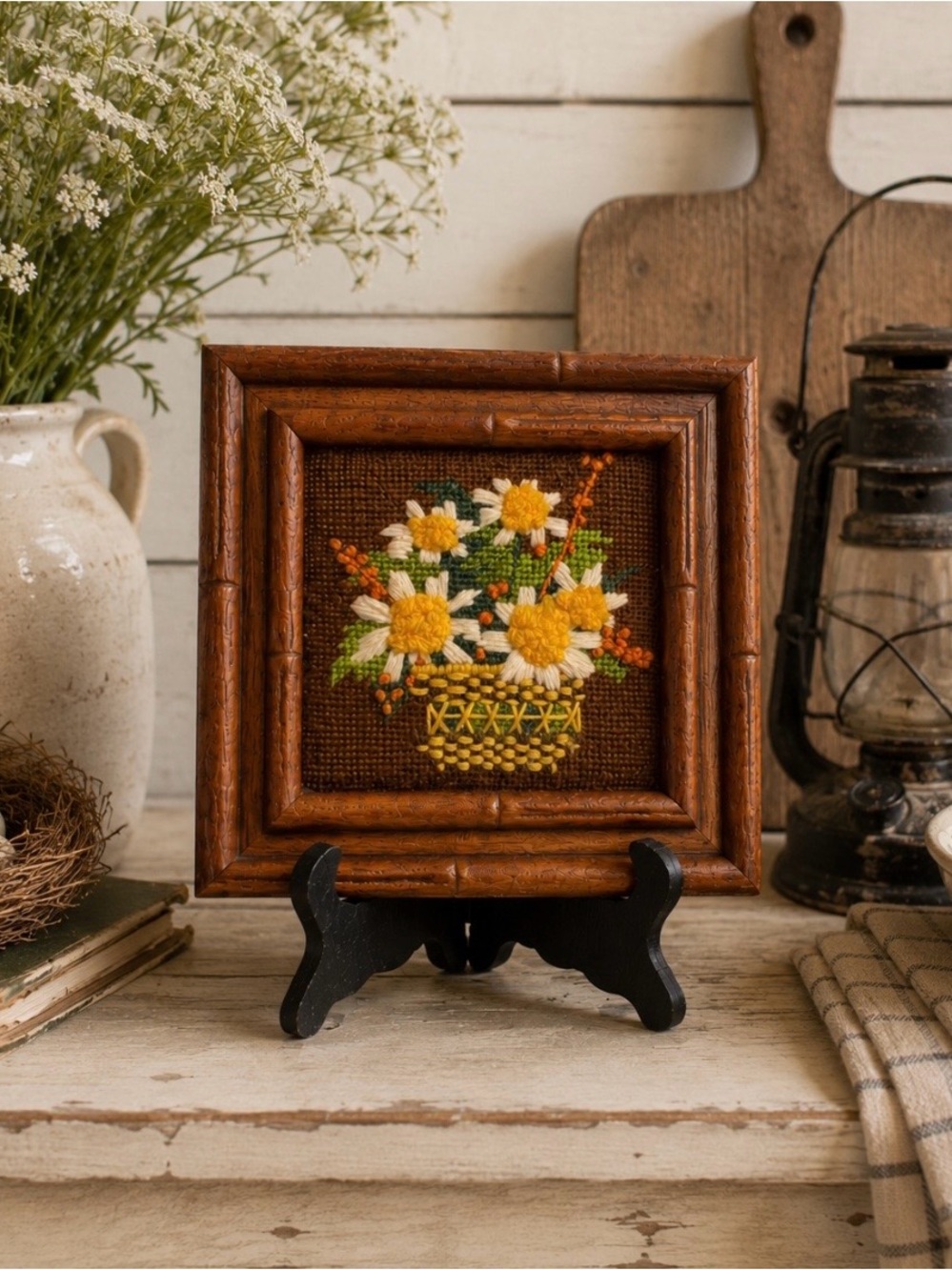 VTG Framed Needlepoint Floral Basket Daisy Flower Artwork Bamboo Style Frame